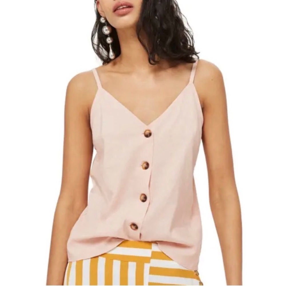 Topshop Pink Linen Blend Button Front Cami Size 6 Cropped Tank